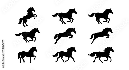 Black horse silhouette set, 9 running stallion icons, wild mustang vector collection