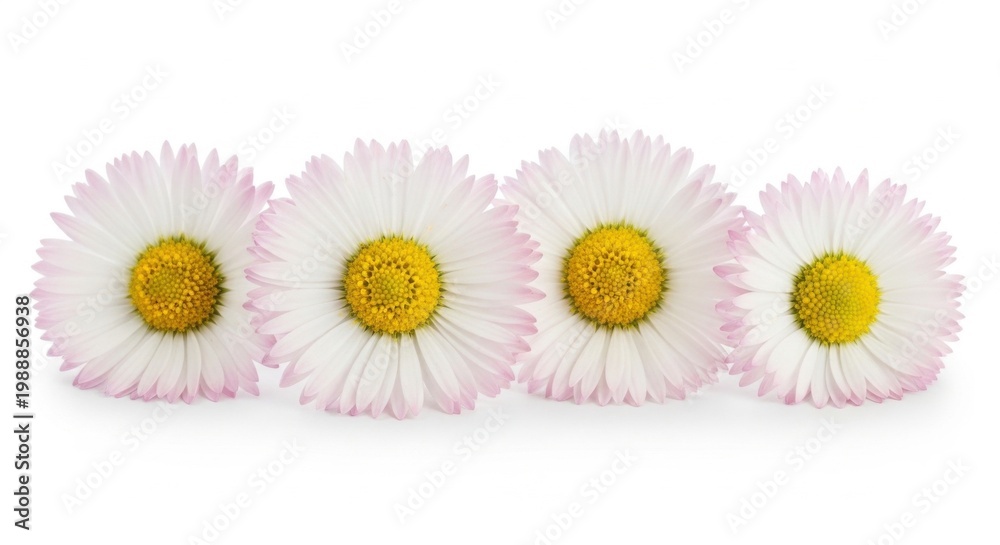 Obraz premium Four White and Pink Daisies in a Row - Spring Flowers Isolated