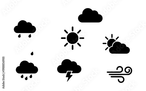 Minimalist weather icon set, black meteorology symbols, flat climate vector collection