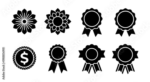 Black award ribbon icons, 8 quality seal vector elements, premium guarantee badge set