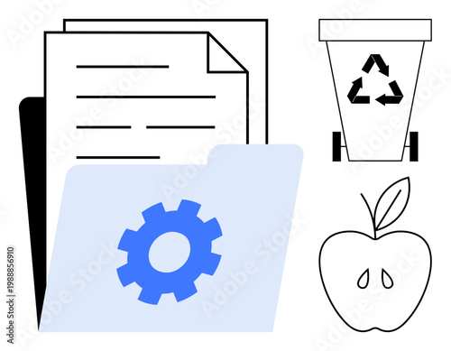 Environmental responsibility, recycling, waste management, data organization, eco-friendly processes, digital tools. Folder with cogwheel, papers recycle bin and apple core. Recycling