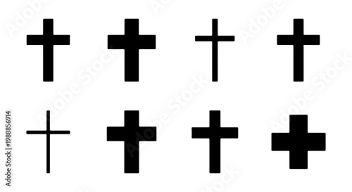Christian cross icons set, religious crucifix symbols, black church vector elements