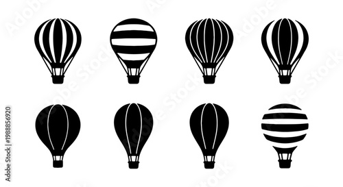 Hot air balloon silhouette icons, 8 travel vector elements, black flying balloon set
