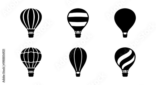 Hot air balloon icons set, 6 black vector silhouettes, travel and flight symbols