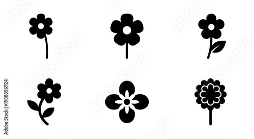 Minimalist flower icon set, 6 black floral vector elements, simple botanical symbols