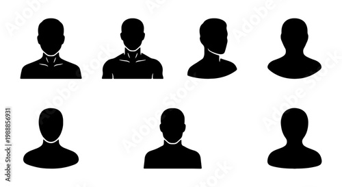 Minimalist profile avatar icons, 7 male user silhouette vectors, black person head signs