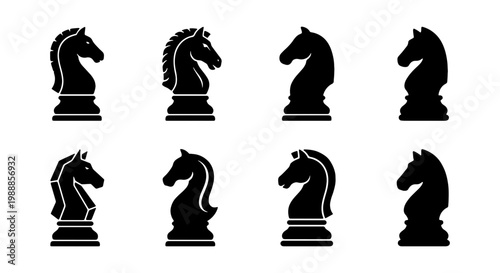 Chess knight icons set, black horse piece silhouettes, 8 vector game elements
