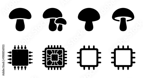 Mushroom and microchip icon set, organic fungi and tech processor vector collection