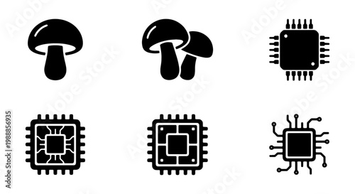 Mushroom and microchip icons, biohacking technology symbols, organic tech vector set