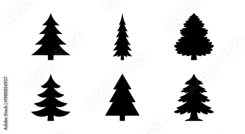 Pine tree silhouettes, 6 evergreen conifer icons, black forest fir vector elements