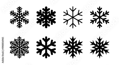 Snowflake icons set, winter snow crystal silhouettes, 8 black vector ice elements