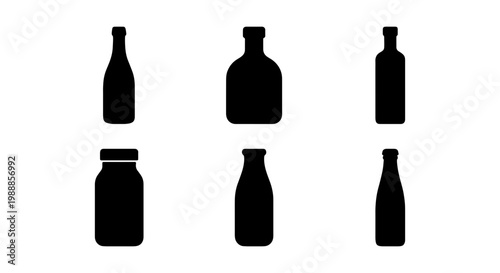Black bottle silhouette set, 6 glass container icons, beverage packaging vector shapes