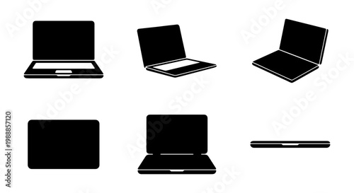 Laptop computer silhouette icons, 6 notebook vector elements, portable device set