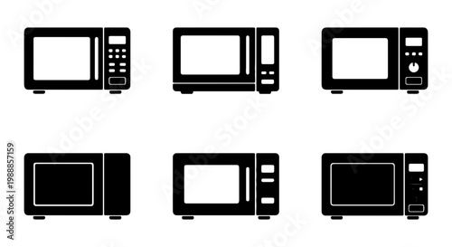 Microwave oven icon set, 6 black kitchen appliance vectors, electric cooking equipment