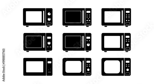 Microwave oven icon set, 9 kitchen appliance vector symbols, black cooking electronics