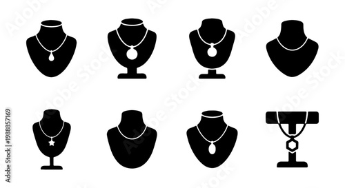 Jewelry mannequin icons, necklace display stand set, 8 black vector jewelry silhouettes