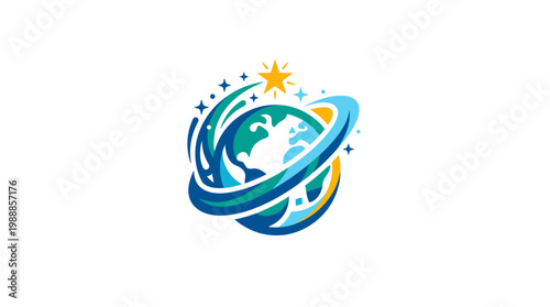 Creative Globe Logo with Swirls and a Star Depicting Global Travel.