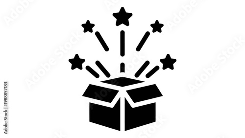 Open gift box with stars bursting out, surprise icon