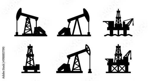 Industrial oil pump jack icons, offshore drilling rig silhouettes, 6 vector elements