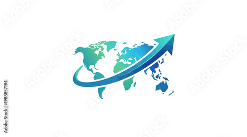 Global Growth and Expansion - World Map with Arrow Symbol.