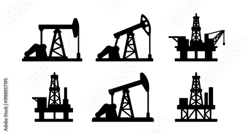 Industrial oil pump jack silhouettes, offshore drilling rig icons, 6 vector elements