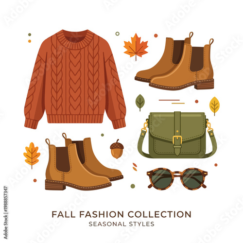 Autumn women fashion flat lay icon with sweater, handbag, sunglasses and maple leaves.