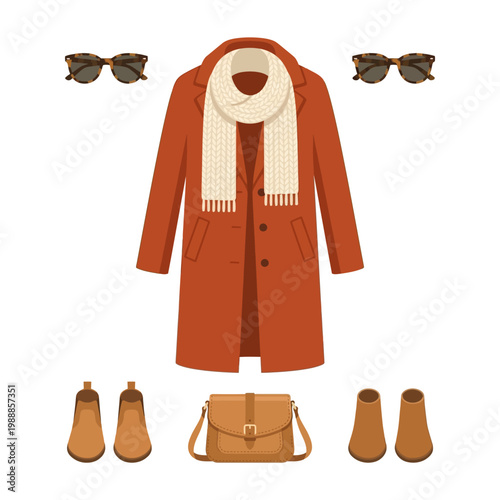 Autumn women fashion flat lay icon with sweater, handbag, sunglasses and maple leaves.