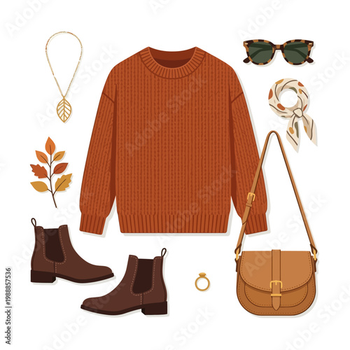 Autumn women fashion flat lay icon with sweater, handbag, sunglasses and maple leaves.