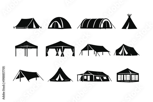 Black Silhouette Icon Set of Camping Tents and Outdoor Shelters Including Canopy, Pavilion, Marquee, Gazebo, Teepee, Dome, and Tunnel Designs for Hiking, Tourism, Events, and Adventure Equipment.