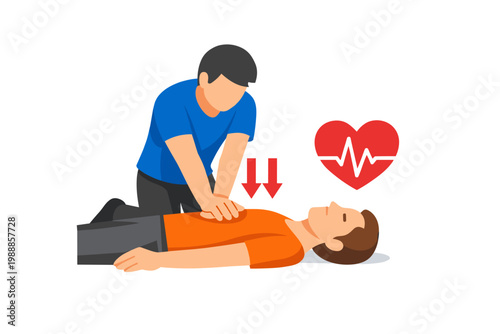 CPR Cardiopulmonary Resuscitation Vector Illustration. Rescuer Performing Chest Compressions and Heart Massage on Victim. First Aid Emergency Life Saving Procedure Icon for Medical Training.