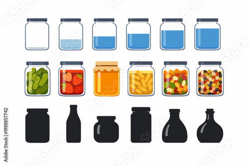 Glass jar icon set with different liquid levels, food storage containers with pickles, strawberry jam, honey, pasta, candy, and nuts, plus black bottle silhouettes isolated on white background.