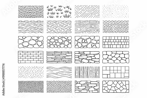 Hand Drawn Landscape Architecture CAD Hatch Pattern Set with Grass, Water, Stone Wall, Brick, Wood Grain, and Paving Texture Elements; Vector Line Art Collection for Architectural Design and Drafting