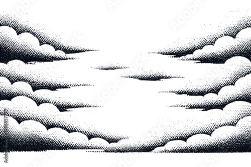 Halftone Clouds Vector Illustration with a Dotted Texture and Transparent Background, Retro Pop Art Style Comic Book Sky Elements for Graphic Design, Minimalist Flat Monochrome Cloud Frame Border