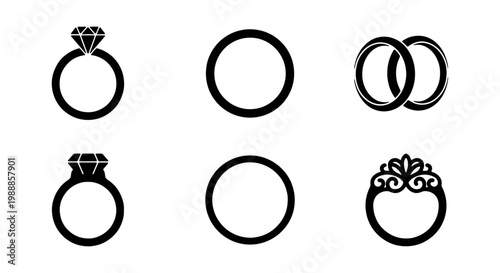 Minimalist wedding ring icons set, black diamond engagement ring silhouettes, 6 vector jewelry symbols for marriage and romance design