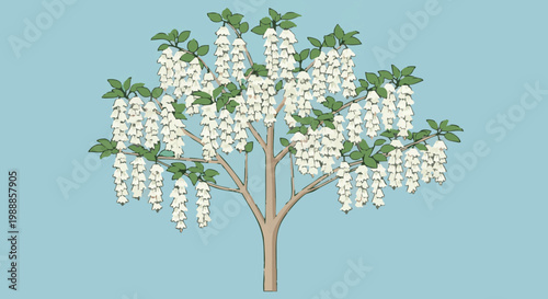 Carolina silverbell tree illustration with white bell flowers on blue background
