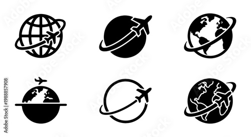 Global travel icons set with airplane flying around earth, 6 black vector world tour symbols, international flight and logistics icons for business