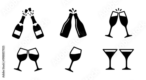 Minimalist champagne and wine toast icons, black silhouette celebration drink symbols, set of 6 vector alcohol glass and bottle illustrations