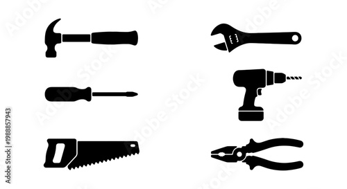 Industrial hand tools icon set, black silhouette construction equipment, 6 vector elements for carpentry and home repair projects