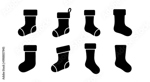 Christmas stocking icon set, black silhouette holiday socks collection, 8 vector elements for winter celebration and festive gift decoration