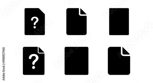 Minimalist document icon set, black file silhouette collection with question mark symbols, flat vector paper page interface elements for web design