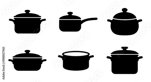 Minimalist cooking pot silhouettes, collection of 6 kitchen cookware icons, black saucepan and casserole dish vector set for culinary design