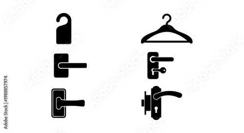 Hotel door handle icons and room accessories set, black silhouette door knobs and hardware, 6 vector elements for hospitality signage