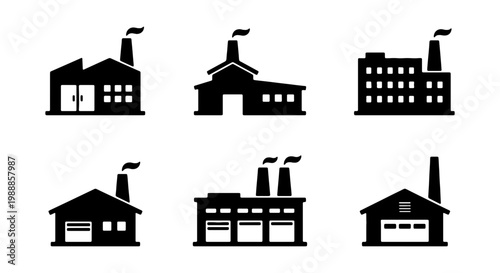 Industrial factory icon set, black silhouette manufacturing plant buildings with smoke stacks, 6 vector warehouse and production facility elements