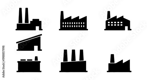 Industrial factory icon set, black silhouette manufacturing plant symbols, 6 vector building elements for logistics and production infographics