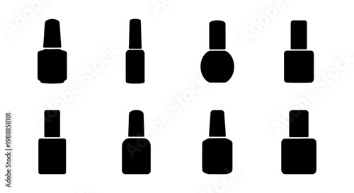 Minimalist nail polish bottle silhouettes, set of 8 black cosmetic lacquer icons, professional manicure and pedicure beauty salon vector elements
