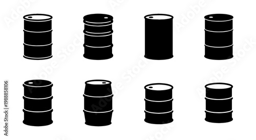 Industrial oil barrel icons set, black metal drum vector silhouettes, 8 petroleum storage container symbols for energy and fuel industry graphics