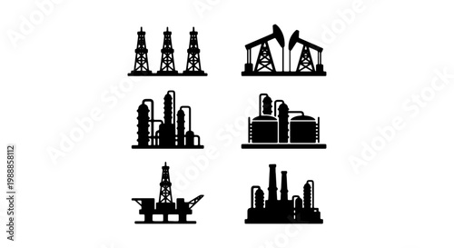 Industrial oil and gas icons set, black silhouette petroleum refinery and drilling rig vector, heavy energy production factory symbols