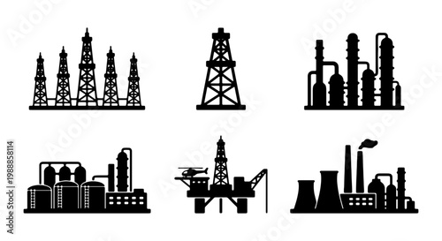 Industrial oil and gas icons set, black silhouette petroleum refinery and drilling rig vector, heavy industry factory and energy plant collection