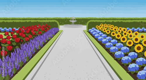 Formal garden path with colorful flowerbeds, roses, sunflowers and fountain. Symmetrical landscape vector illustration
