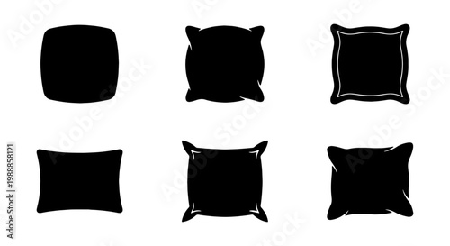 Black pillow silhouette icons set, 6 vector cushion shapes for interior design, soft bedding and home decor furniture symbols on white background